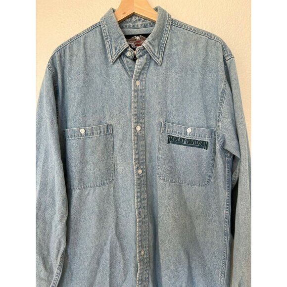 Harley Davidson Mens Denim Long Sleeve Button-Up Shirt M - Picture 2 of 5